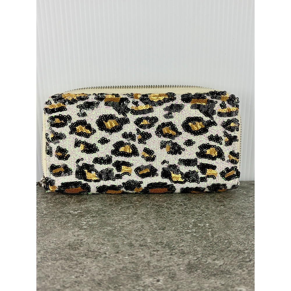 Brentano Leopard Sequin Wallet Wristlet White Black Gold Zip Around New Y2K